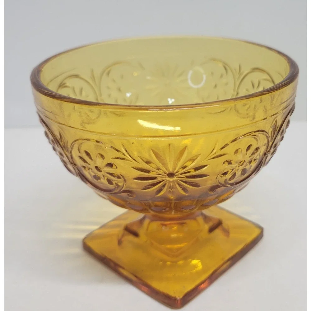 Vintage Amber‎ Depression Glass Floral Sherbet Cup Square Pedestal Dessert Bowl